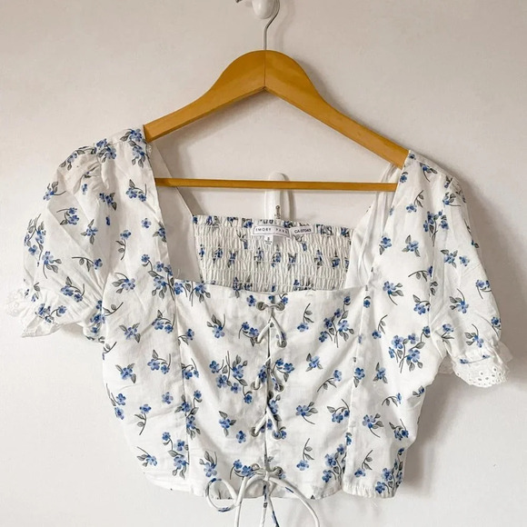 Emory Park Blue Ditsy Floral Eyelet Lace Detail Two Piece Mini Skirt Set Sz S - Picture 6 of 12